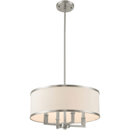 4 Light Brushed Nickel Chandelier with Hand Crafted Off-White Fabric Hardback Shade-Lighting LumensChandeliers