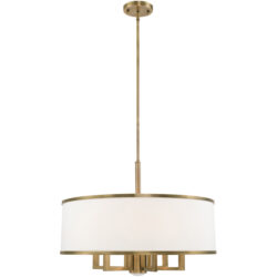 7 Light Antique Brass Pendant Chandelier with Hand Crafted Off-White Fabric Hardback Shade-Lighting LumensChandeliers