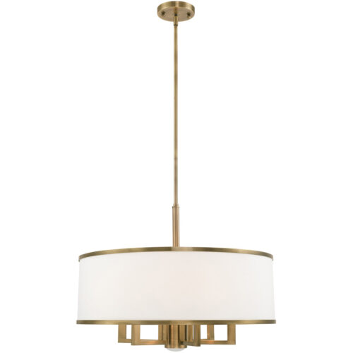 7 Light Antique Brass Pendant Chandelier with Hand Crafted Off-White Fabric Hardback Shade-Lighting LumensChandeliers