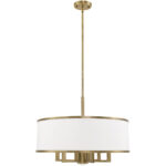 7 Light Antique Brass Pendant Chandelier with Hand Crafted Off-White Fabric Hardback Shade-Lighting LumensChandeliers