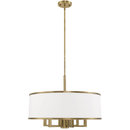 7 Light Antique Brass Pendant Chandelier with Hand Crafted Off-White Fabric Hardback Shade-Lighting LumensChandeliers