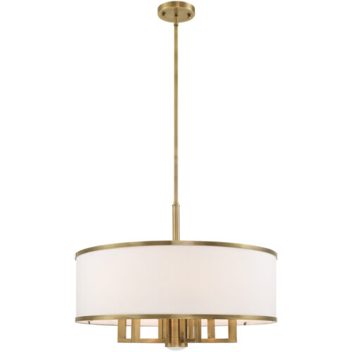 7 Light Antique Brass Pendant Chandelier with Hand Crafted Off-White Fabric Hardback Shade-Lighting LumensChandeliers