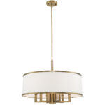 7 Light Antique Brass Pendant Chandelier with Hand Crafted Off-White Fabric Hardback Shade-Lighting LumensChandeliers