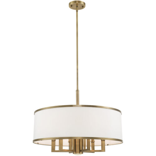 7 Light Antique Brass Pendant Chandelier with Hand Crafted Off-White Fabric Hardback Shade-Lighting LumensChandeliers