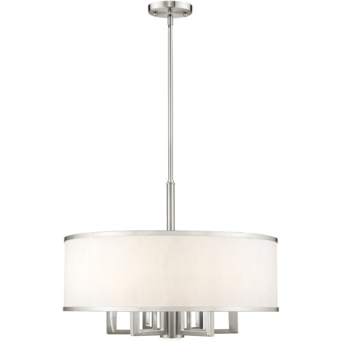 7 Light Brushed Nickel Chandelier with Hand Crafted Off-White Fabric Hardback Shade-Lighting LumensChandeliers