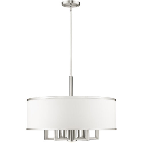 7 Light Brushed Nickel Chandelier with Hand Crafted Off-White Fabric Hardback Shade-Lighting LumensChandeliers