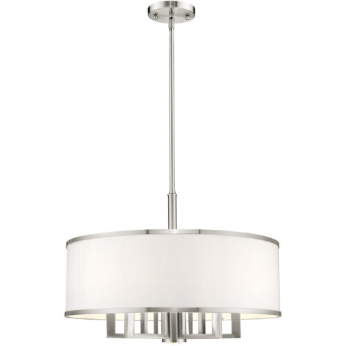 7 Light Brushed Nickel Chandelier with Hand Crafted Off-White Fabric Hardback Shade-Lighting LumensChandeliers