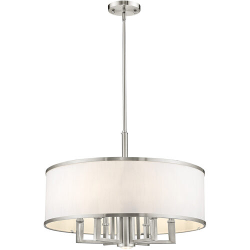 7 Light Brushed Nickel Chandelier with Hand Crafted Off-White Fabric Hardback Shade-Lighting LumensChandeliers