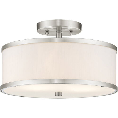 2 Light Brushed Nickel Ceiling Light fixture with Hand Crafted Off-White Fabric Hardback Shade-Lighting LumensFlush Mount Ceiling Lights