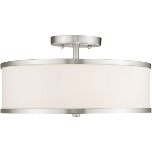 3 Light Brushed Nickel Ceiling Light fixture with Hand Crafted Off-White Fabric Hardback Shade-Lighting LumensFlush Mount Ceiling Lights