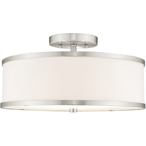 3 Light Brushed Nickel Ceiling Light fixture with Hand Crafted Off-White Fabric Hardback Shade-Lighting LumensFlush Mount Ceiling Lights