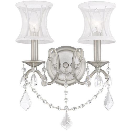 12 inch 2 Light Brushed Nickel Wall Sconce with Off White Silk Shimmer Shade Shade-Lighting LumensWall Sconces