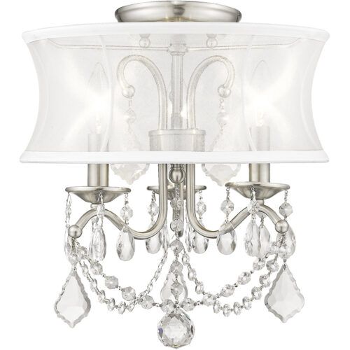 3 Light Brushed Nickel Mini Chandelier/Ceiling Light fixture with Off White Silk Shimmer Shade-Lighting LumensChandeliers