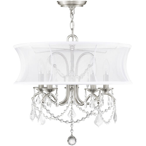 5 Light Brushed Nickel Chandelier with Off White Silk Shimmer Shade-Lighting LumensChandeliers