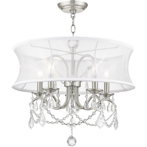 5 Light Brushed Nickel Chandelier with Off White Silk Shimmer Shade-Lighting LumensChandeliers