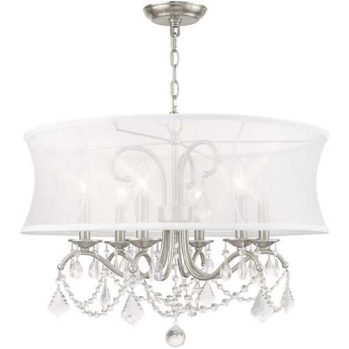 6 Light Brushed Nickel Chandelier with Off White Silk Shimmer Shade-Lighting LumensChandeliers