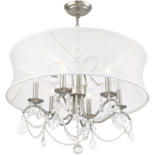 6 Light Brushed Nickel Chandelier with Off White Silk Shimmer Shade-Lighting LumensChandeliers