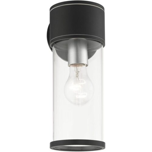 71923-14 1 Light Textured Black Outdoor Medium Wall Lantern with Antique Silver Finish Accents-Lighting LumensLantern