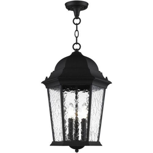 3 Light Textured Black Chain Lantern Pendant Lighting Fixture with Clear Water Glass Shade-Lighting LumensLantern