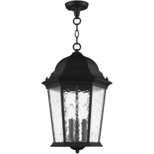 3 Light Textured Black Chain Lantern Pendant Lighting Fixture with Clear Water Glass Shade-Lighting LumensLantern