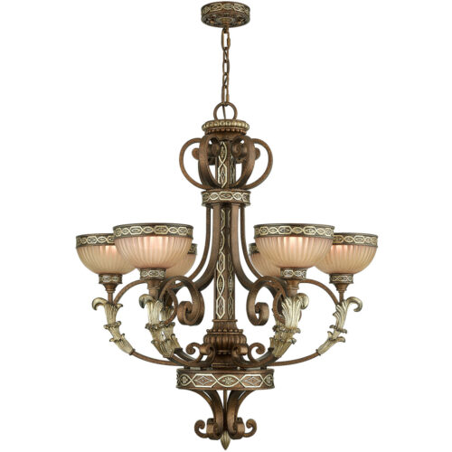 6 Light Palacial Bronze with Gilded Accents Chandelier with Hand Crafted Gold Dusted Art Glass Shade-Lighting LumensChandeliers