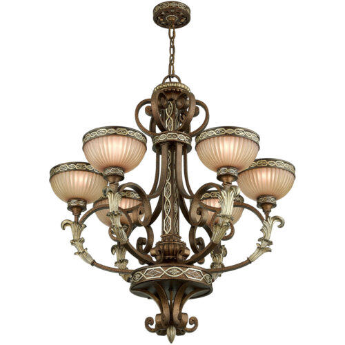 6 Light Palacial Bronze with Gilded Accents Chandelier with Hand Crafted Gold Dusted Art Glass Shade-Lighting LumensChandeliers