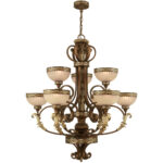 9 Light Palacial Bronze with Gilded Accents Chandelier with Hand Crafted Gold Dusted Art Glass Shade-Lighting LumensChandeliers