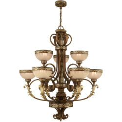 9 Light Palacial Bronze with Gilded Accents Chandelier with Hand Crafted Gold Dusted Art Glass Shade-Lighting LumensChandeliers