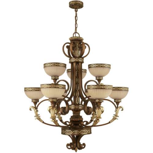 9 Light Palacial Bronze with Gilded Accents Chandelier with Hand Crafted Gold Dusted Art Glass Shade-Lighting LumensChandeliers