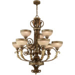 9 Light Palacial Bronze with Gilded Accents Chandelier with Hand Crafted Gold Dusted Art Glass Shade-Lighting LumensChandeliers