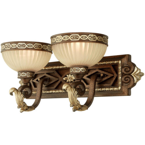 22.5 inch 2 Light Palacial Bronze with Gilded Accents Bathroom Vanity light fixture with Hand Crafted Gold Dusted Art Glass Shade-Lighting LumensBath/Vanity