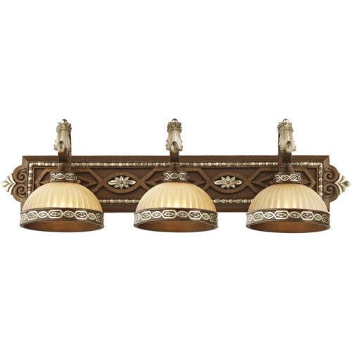 32.25 inch 3 Light Palacial Bronze with Gilded Accents Bathroom Vanity light fixture with Hand Crafted Gold Dusted Art Glass Shade-Lighting LumensBath/Vanity