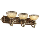 32.25 inch 3 Light Palacial Bronze with Gilded Accents Bathroom Vanity light fixture with Hand Crafted Gold Dusted Art Glass Shade-Lighting LumensBath/Vanity