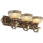 32.25 inch 3 Light Palacial Bronze with Gilded Accents Bathroom Vanity light fixture with Hand Crafted Gold Dusted Art Glass Shade-Lighting LumensBath/Vanity